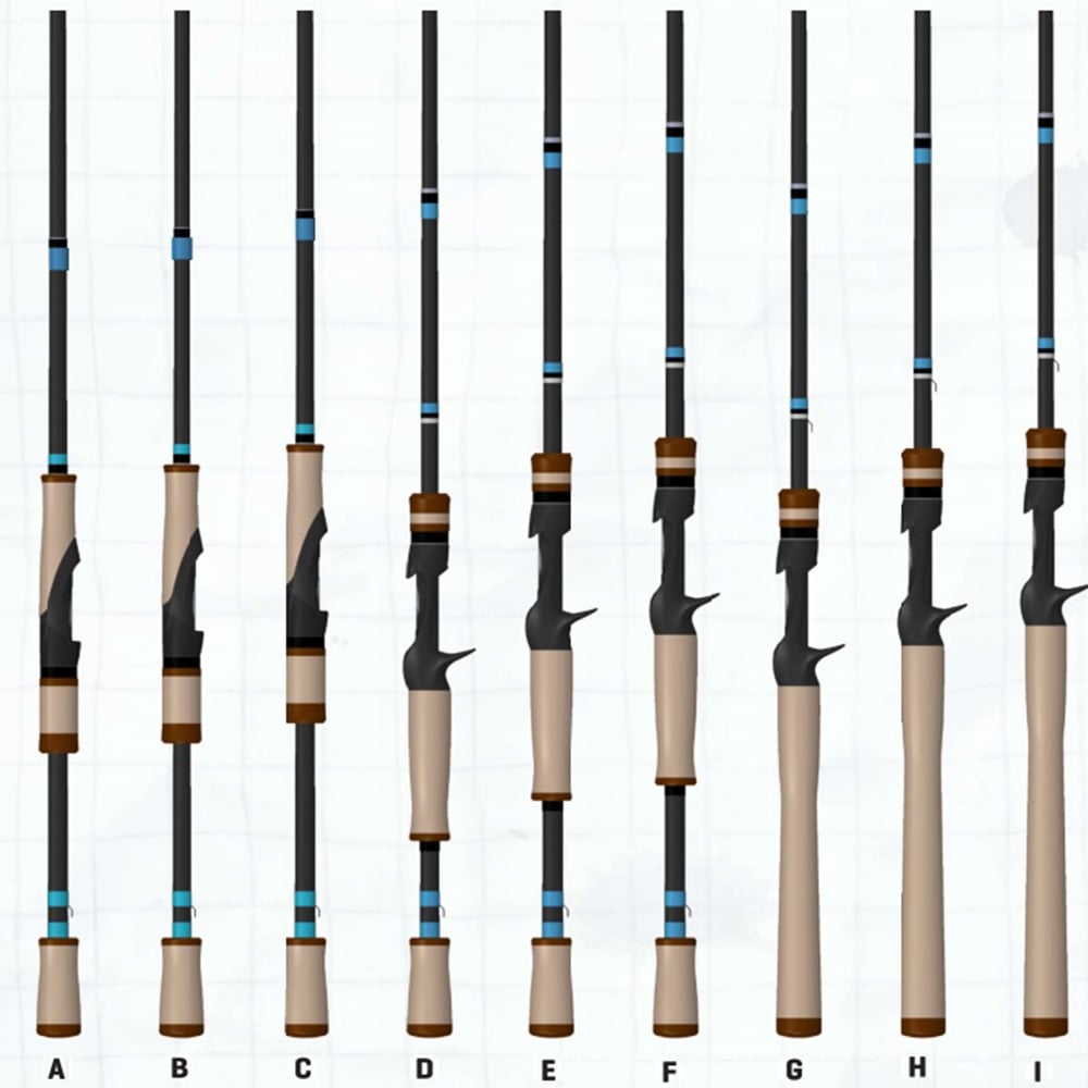 Nine G. Loomis NRX+ Jig & Worm Casting Rods from americanlegacyfishing, labeled A to I, display a blend of brown, black, and blue with various handle designs and lengths. Ideal for bass anglers, they are vertically aligned on a grid-like background with Spiral X technology inspiration.