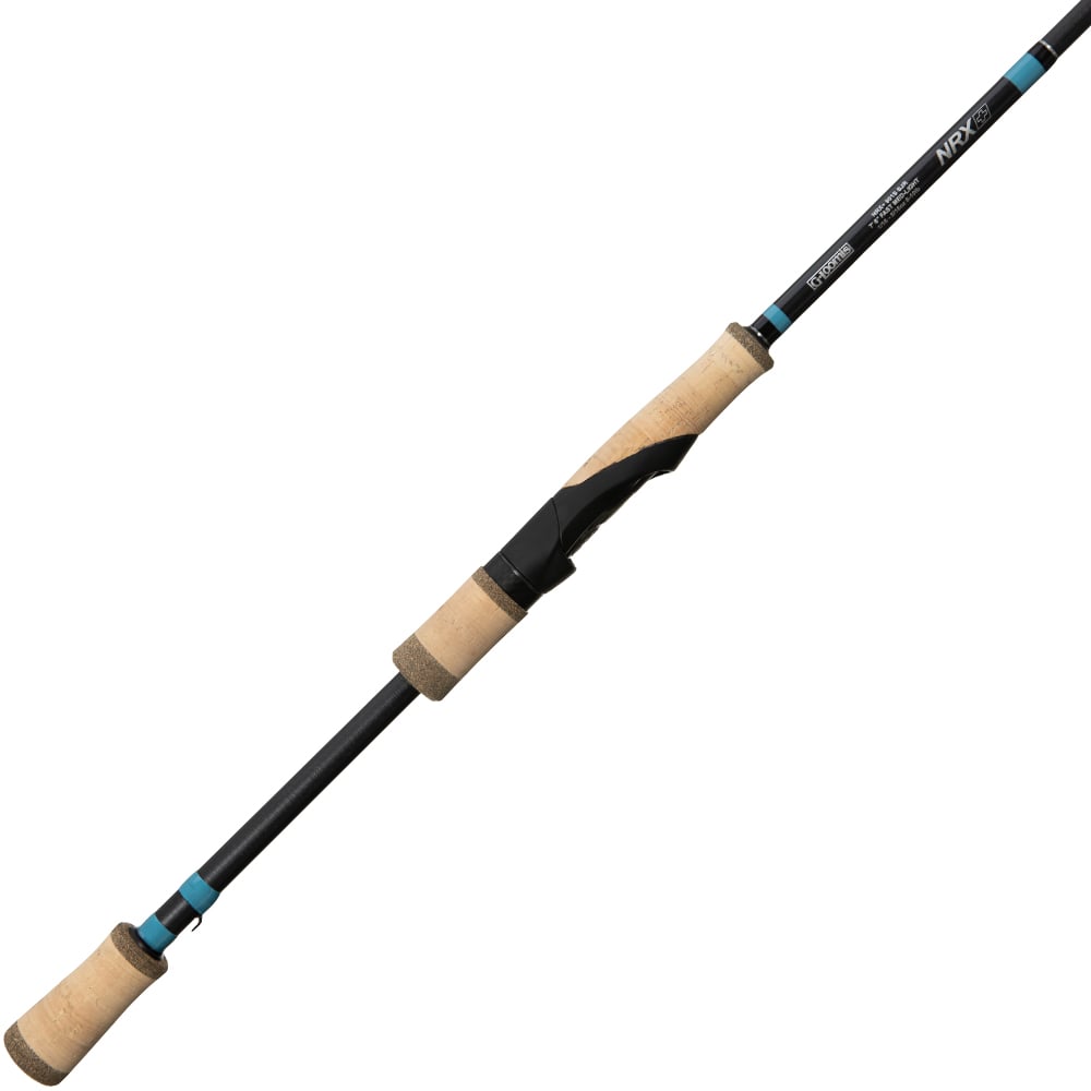 The americanlegacyfishing G. Loomis NRX+ Jig & Worm Spinning Rod 852S JWR 7'1" Medium features a beige cork handle, a black shaft with blue accents near the handle and tip, and Spiral X technology, all highlighted diagonally against a white background.