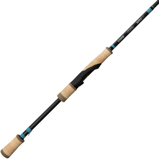 The americanlegacyfishing G. Loomis NRX+ Jig & Worm Spinning Rod 852S JWR 7'1" Medium features a beige cork handle, a black shaft with blue accents near the handle and tip, and Spiral X technology, all highlighted diagonally against a white background.