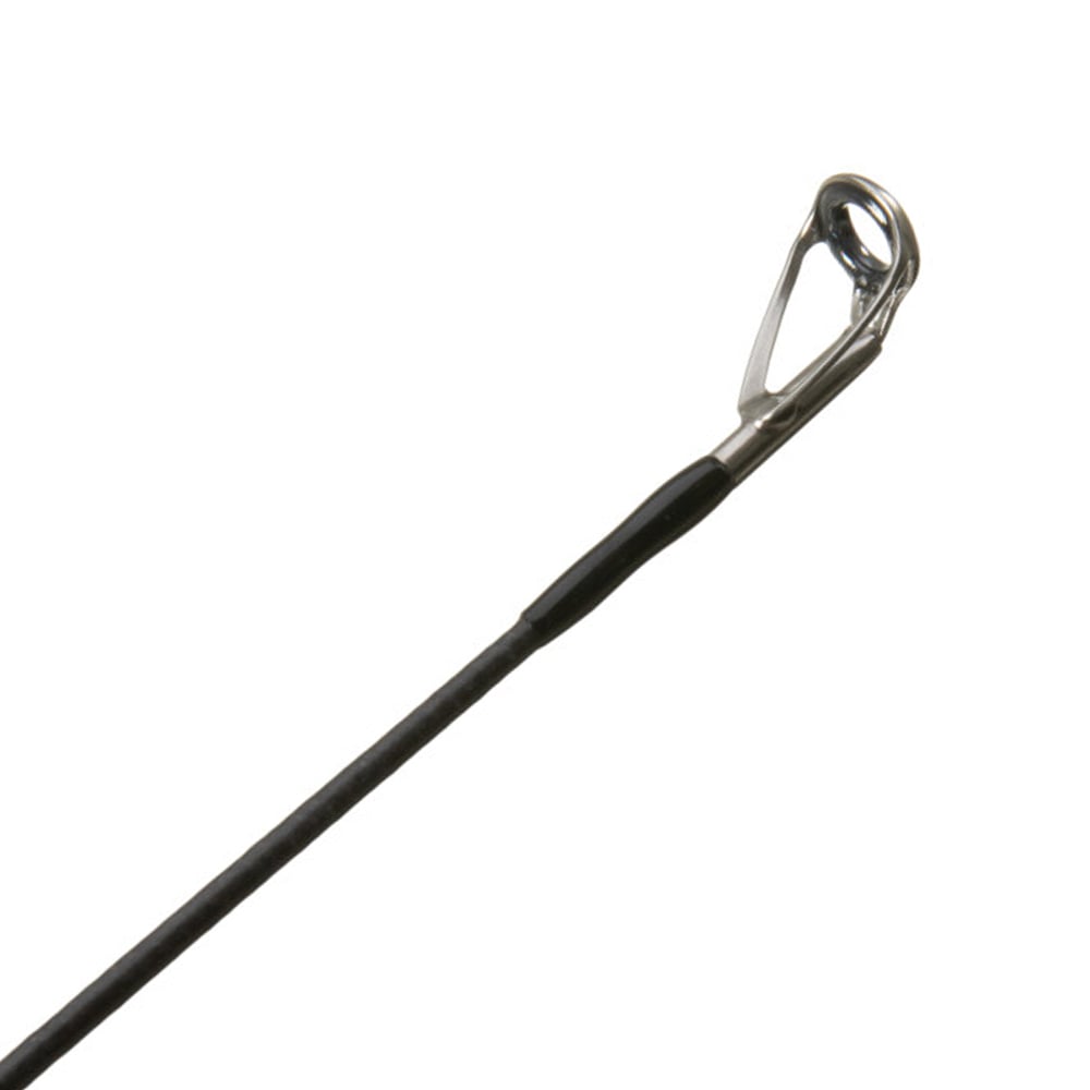 Close-up of the tip of an americanlegacyfishing G. Loomis NRX+ Jig & Worm Casting Rod 852C JWR 7'1" Medium with a metal guide loop, angled diagonally to showcase its slender build and smooth dark finish, enhanced by Spiral X technology. The shiny metal loop highlights its sturdy design for bass anglers.