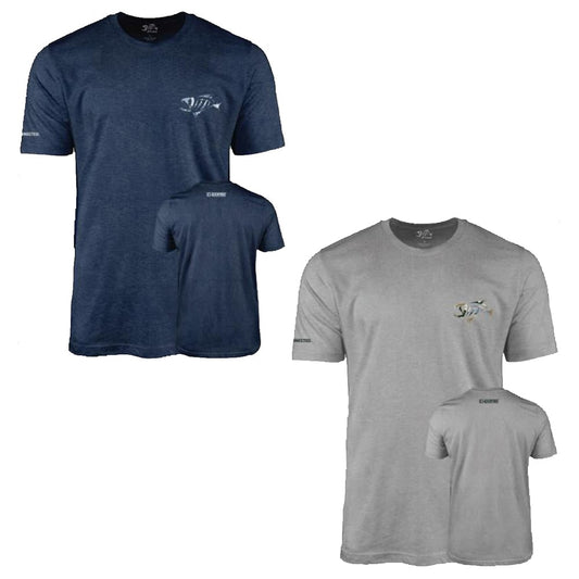 Displayed are two G. Loomis Woodlands Tees, one navy blue and one gray. Crafted from premium cotton-polyester blend, each features a small graphic on the front left and back, has short sleeves with visible arm-edge stitching, embodying the ultra-comfortable crew neck design.