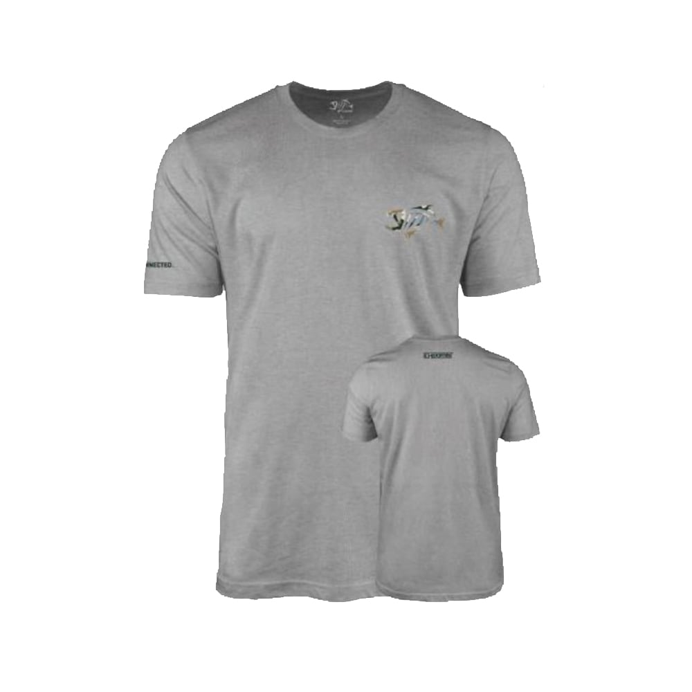 Enjoy the ultra-comfy G. Loomis Woodlands Tee, a gray t-shirt made from a premium cotton-polyester blend. It boasts a small fish graphic with "Florida" on the front and near the back neck, visible from both views.