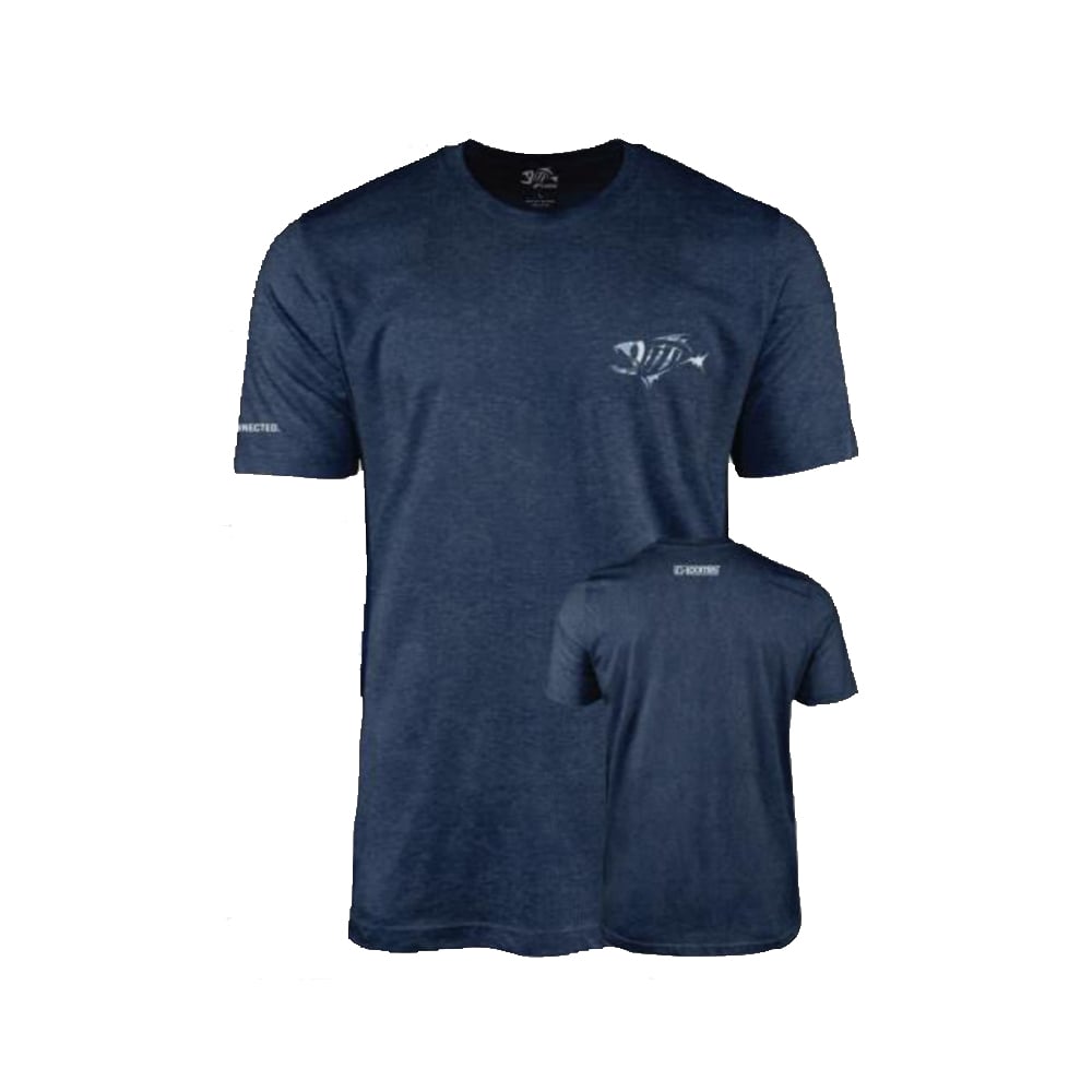 The G. Loomis Woodlands Tee in navy blue features a subtle fish skeleton graphic on the upper left chest and back, made from premium cotton-polyester for ultra comfort, with short sleeves and a casual fit.