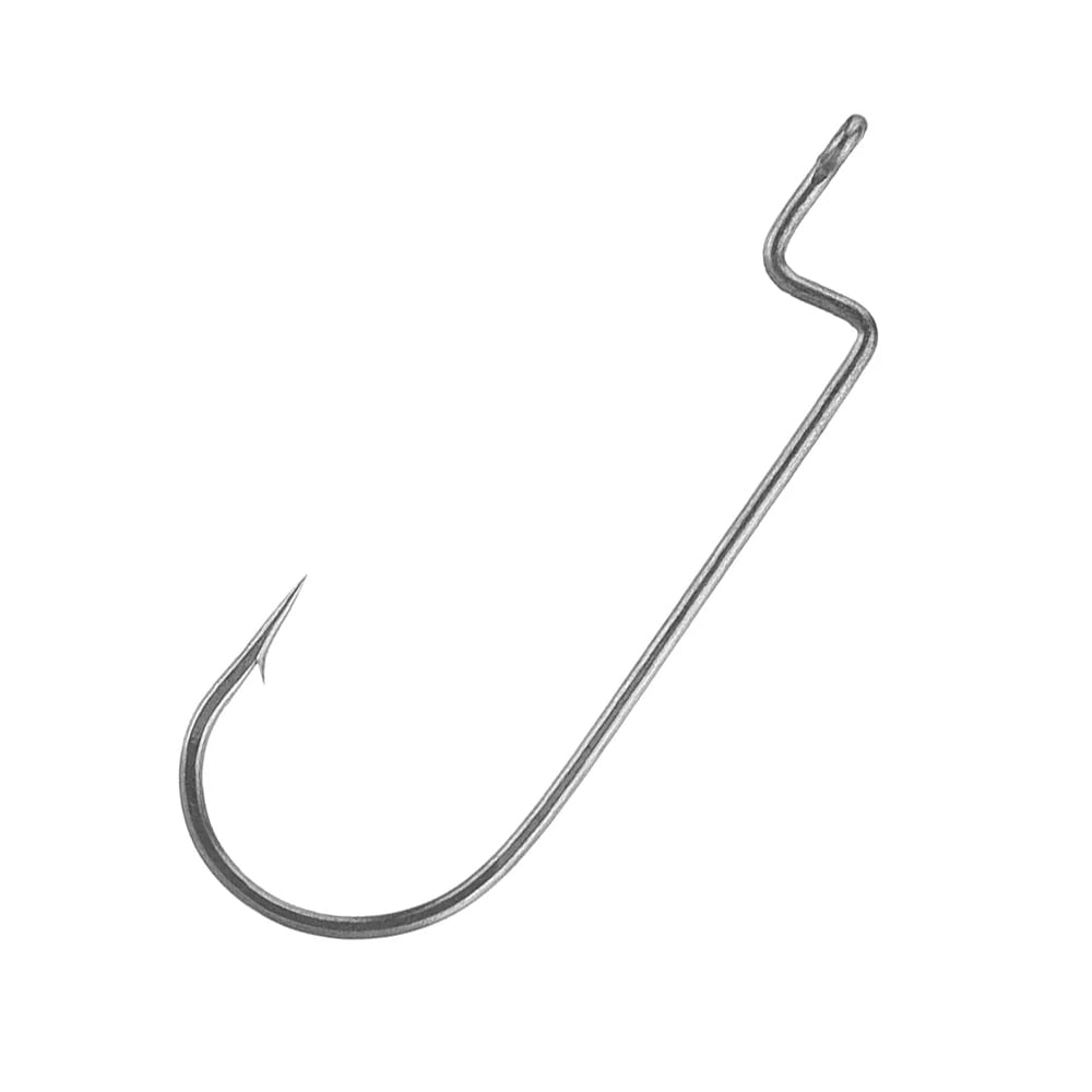 The Hayabusa WRM114 Round Bend Offset Hook is silver, with a sharp tip and an eyelet for easy line attachment. A slight curve near the top secures bait, while its shiny surface features a durable fluorine coating.