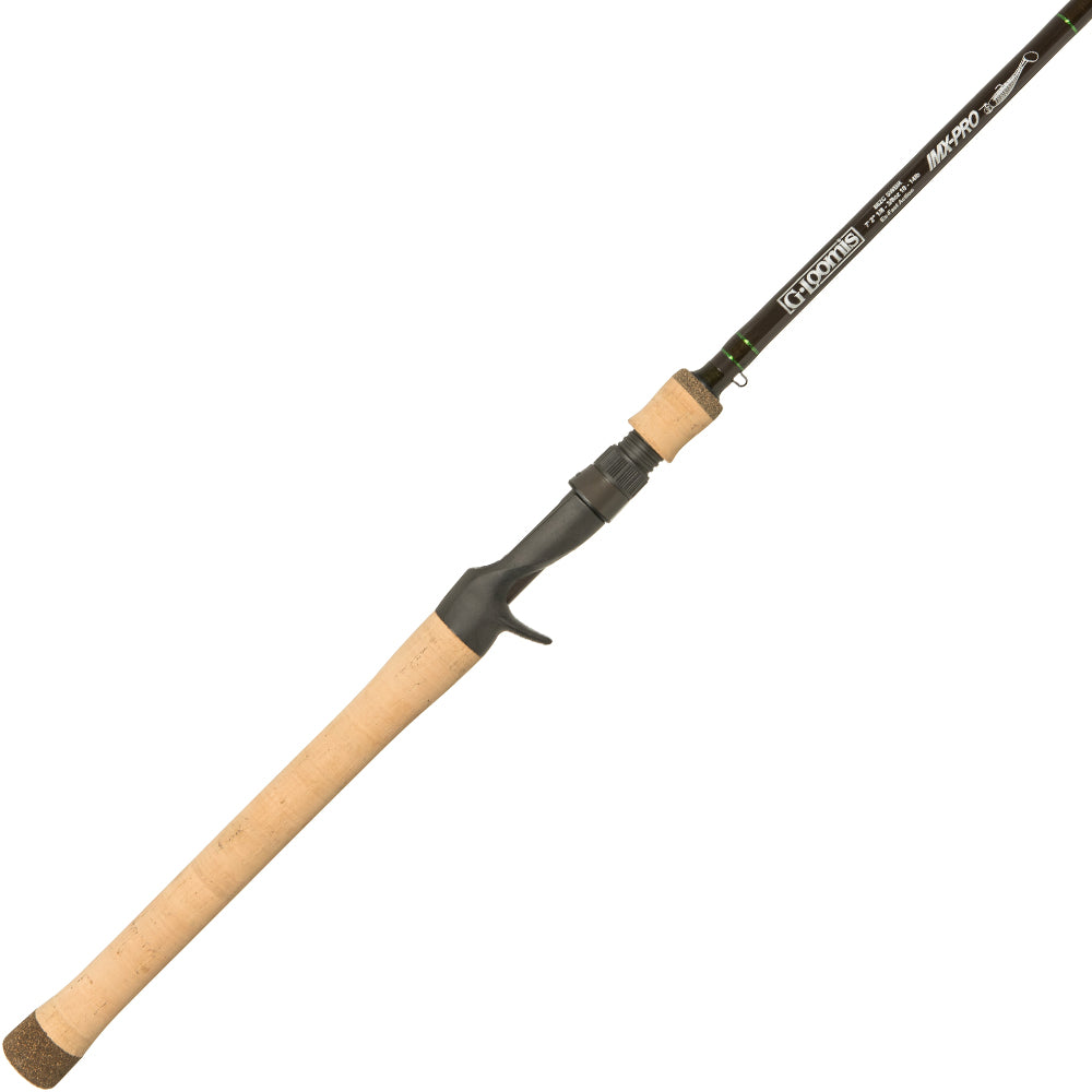 The G. Loomis IMX-PRO Swimbait 863C SWBR 7'2" Medium Heavy Casting Rod from americanlegacyfishing features a cork handle and a sleek black reel seat with the "Original MZ-Pro" label. Partially displayed against a plain white background, it perfectly highlights its grip and branding details, making it an excellent choice for swimbait enthusiasts.