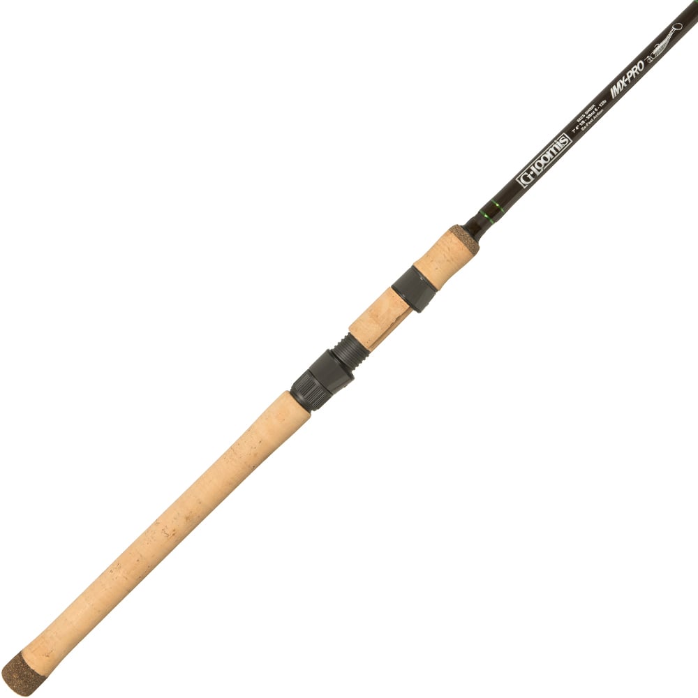 The americanlegacyfishing G. Loomis IMX-PRO Swimbait 882S SWBR 7'4" Medium Spinning Rod, with a sleek black design and cork handle, features metal guides along its length for optimal line support.