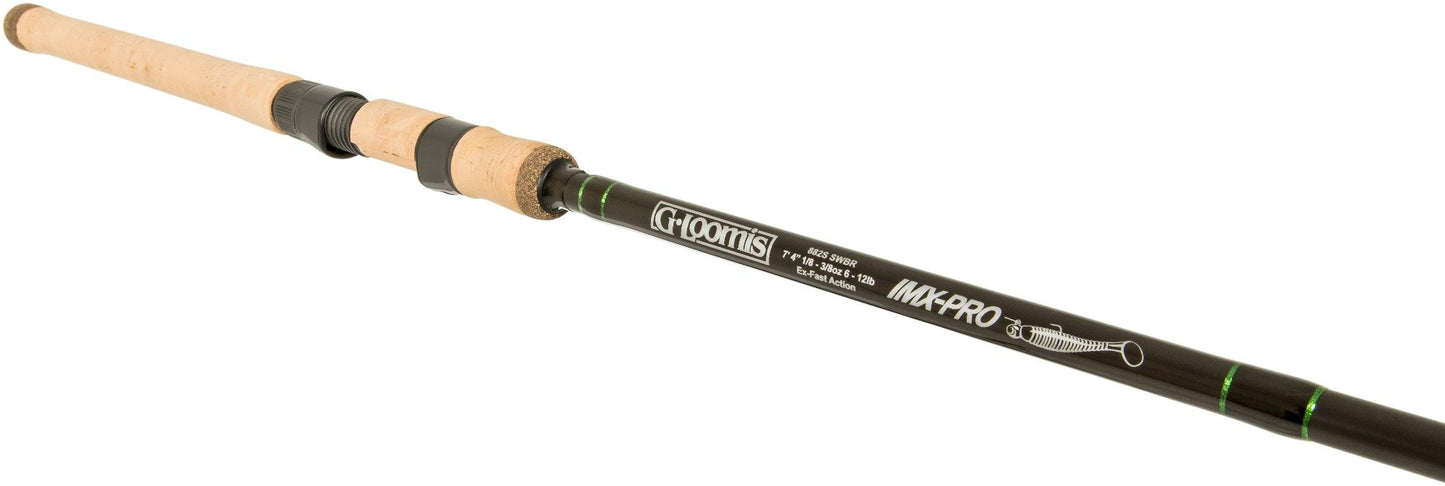 The image showcases the G. Loomis IMX-PRO Swimbait 882S SWBR 7'4" Medium Spinning Rod by americanlegacyfishing, featuring a cork handle and dark-colored body that highlights its craftsmanship and intricate details.