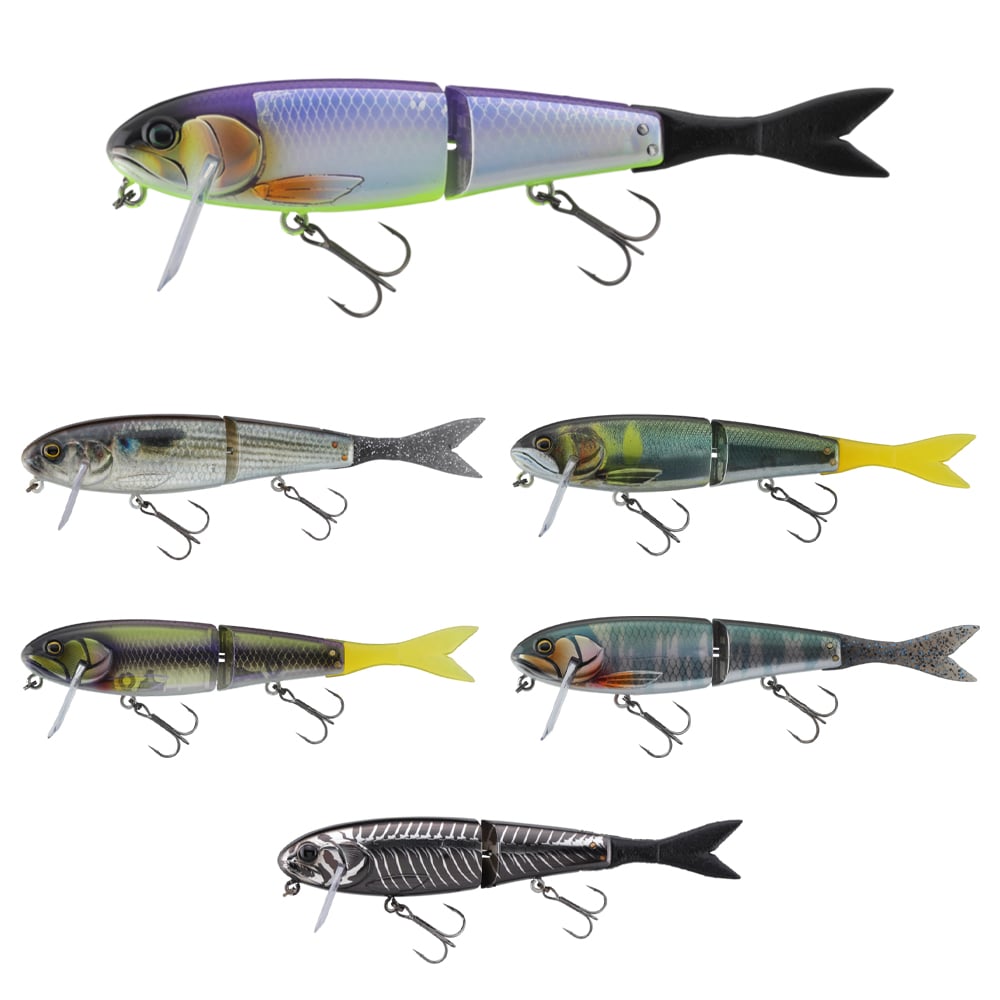 The display features a set of five Jackall fishing lures, including the Jackall Blast Bone Jr. Each lure has a single-joint body design that imitates a fish, complete with intricate scales, realistic eyes, and multiple hooks. The lures come in various colors such as purple, gray, yellow, and green.