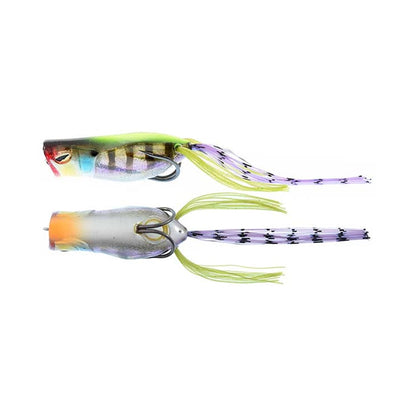 The Jackall Gavacho Frog lures are displayed: one with a green back and purple skirt, the other translucent with a red head and green-pink striped skirt. Both are perfect for bass fishing, designed by Jackall for long-distance casting performance, featuring hooks and long tails.