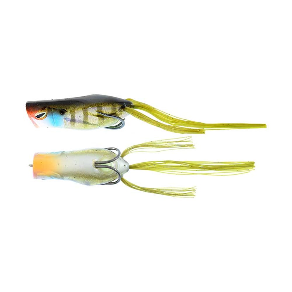 The Jackall Gavacho Frog offers bass enthusiasts two vibrant fishing lures with bright yellow trailing skirts. One features a green and orange fish design, while the other is translucent with a hint of green, both ensuring excellent long-distance casting for your next big catch.