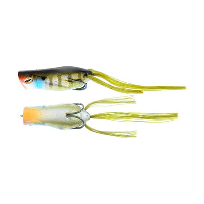 The Jackall Gavacho Frog offers bass enthusiasts two vibrant fishing lures with bright yellow trailing skirts. One features a green and orange fish design, while the other is translucent with a hint of green, both ensuring excellent long-distance casting for your next big catch.