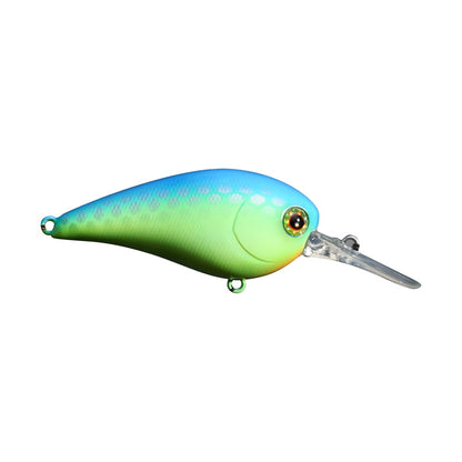 The Jackall MC60 MR Crankbait by Jackall is a vibrant fishing lure with a blue top, green bottom, and a shiny silver hook. It includes an eye design near the front and has a transparent lip that aids in diving. Its low center of gravity provides a fast wobble action. The lure is presented against a white background.