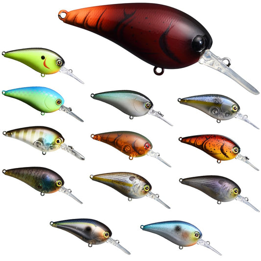 A set of twelve vibrant fishing lures, presented in rows and showcasing designs such as the Jackall MC60 MR Crankbait. These lures offer fast wobble action and come in an array of color combinations, including shades of red, green, blue, and orange. They feature unique markings and clear plastic lips to ensure a precise low center of gravity.