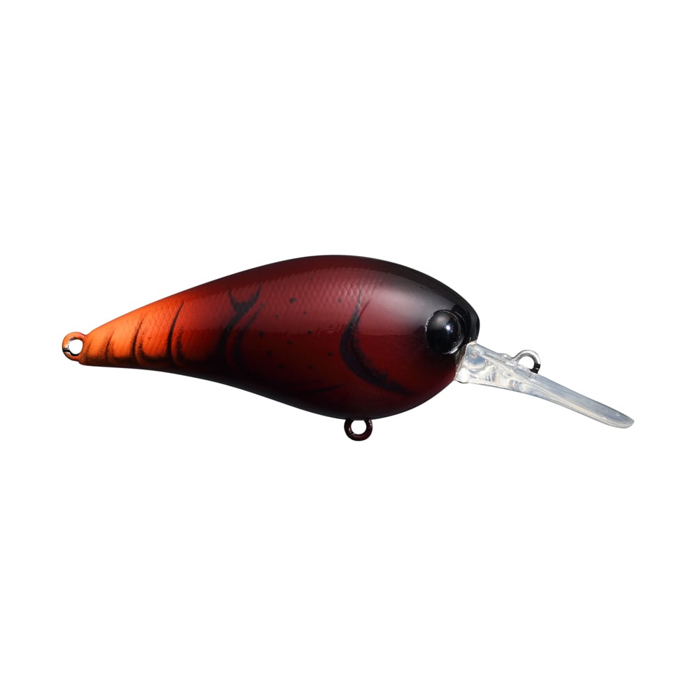 The Jackall MC60 MR Crankbait, created by Jackall, is a red and black fishing lure with a glossy finish, designed to resemble a small fish. It boasts a fast wobble action and includes a long, transparent plastic lip for effective diving. Its low center of gravity enhances performance, and it comes equipped with two attachment loops. The product is depicted against a white background.