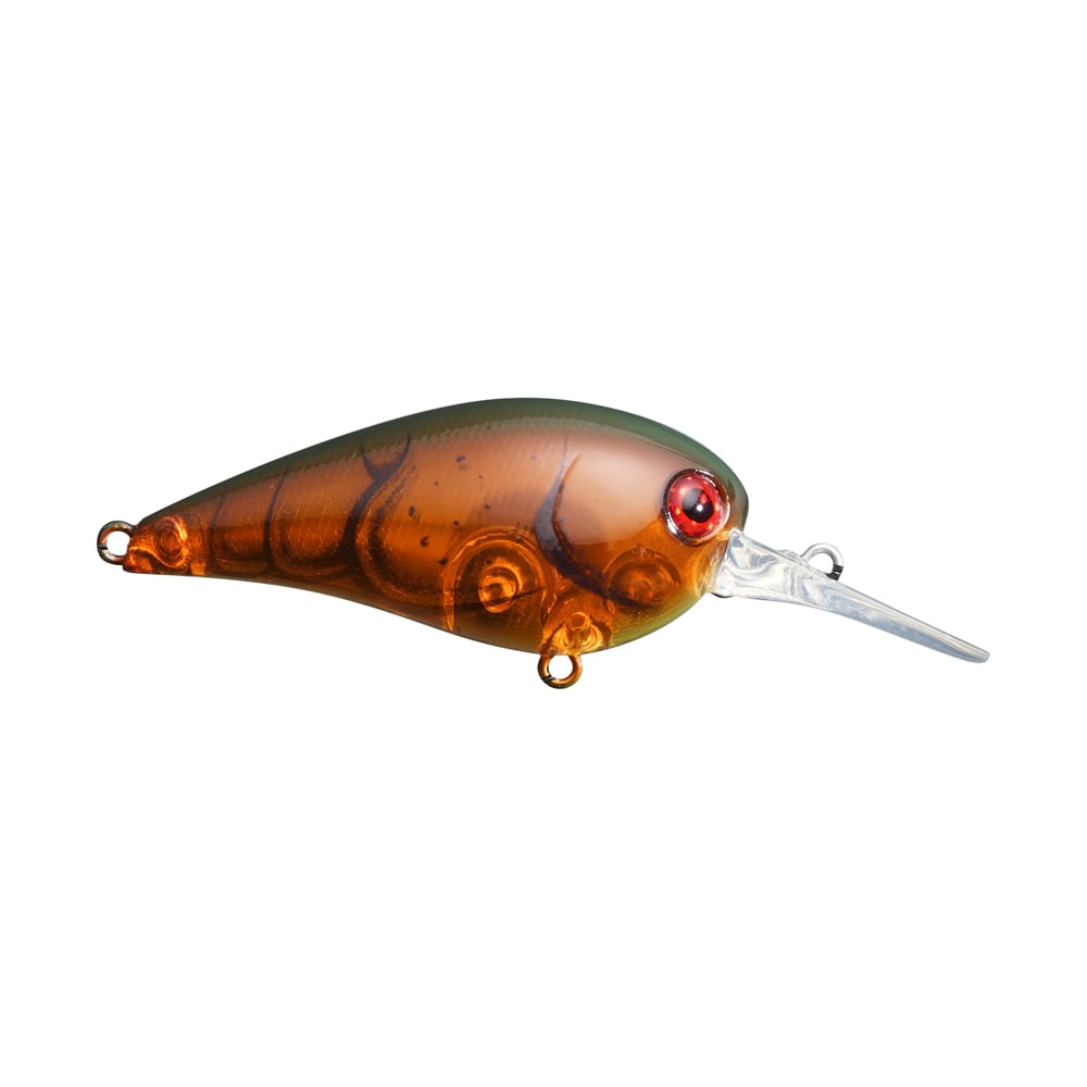 The Jackall MC60 MR Crankbait by Jackall is a brown, translucent fishing lure that has a long, clear bill and distinctive red eye details. It features a low center of gravity combined with a rapid wobble to effectively imitate a small fish or aquatic creature, making it ideal for attracting your next big catch.