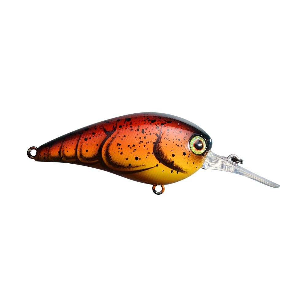 Close-up of the vibrant Jackall MC60 MR Crankbait by Jackall, designed to resemble a small fish. It showcases an orange and yellow gradient body adorned with black speckles, a clear plastic lip, detailed eye markings, and a low center of gravity that ensures a fast wobble.