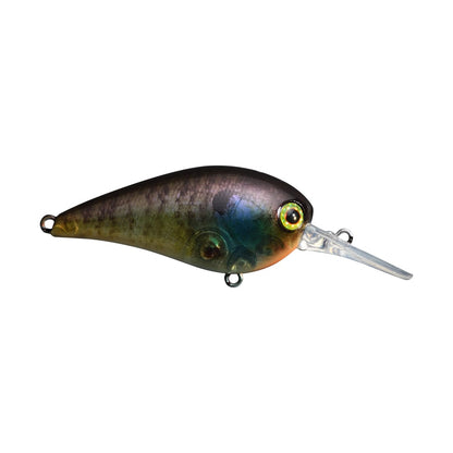 The Jackall MC60 MR Crankbait by Jackall is designed with a lifelike fish shape, showcasing a dark and glossy body paired with a clear plastic bill. It includes two small hooks and has been engineered with a low center of gravity to effectively simulate live fish, delivering a rapid wobbling action to entice catches.