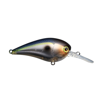 The Jackall MC60 MR Crankbait by Jackall is a lifelike plastic fishing lure designed to mimic a small fish, featuring a glossy, multicolored body in shades of blue, brown, and yellow. It is crafted with a low center of gravity and includes a transparent lip for diving, providing a quick wobble that attracts strikes.