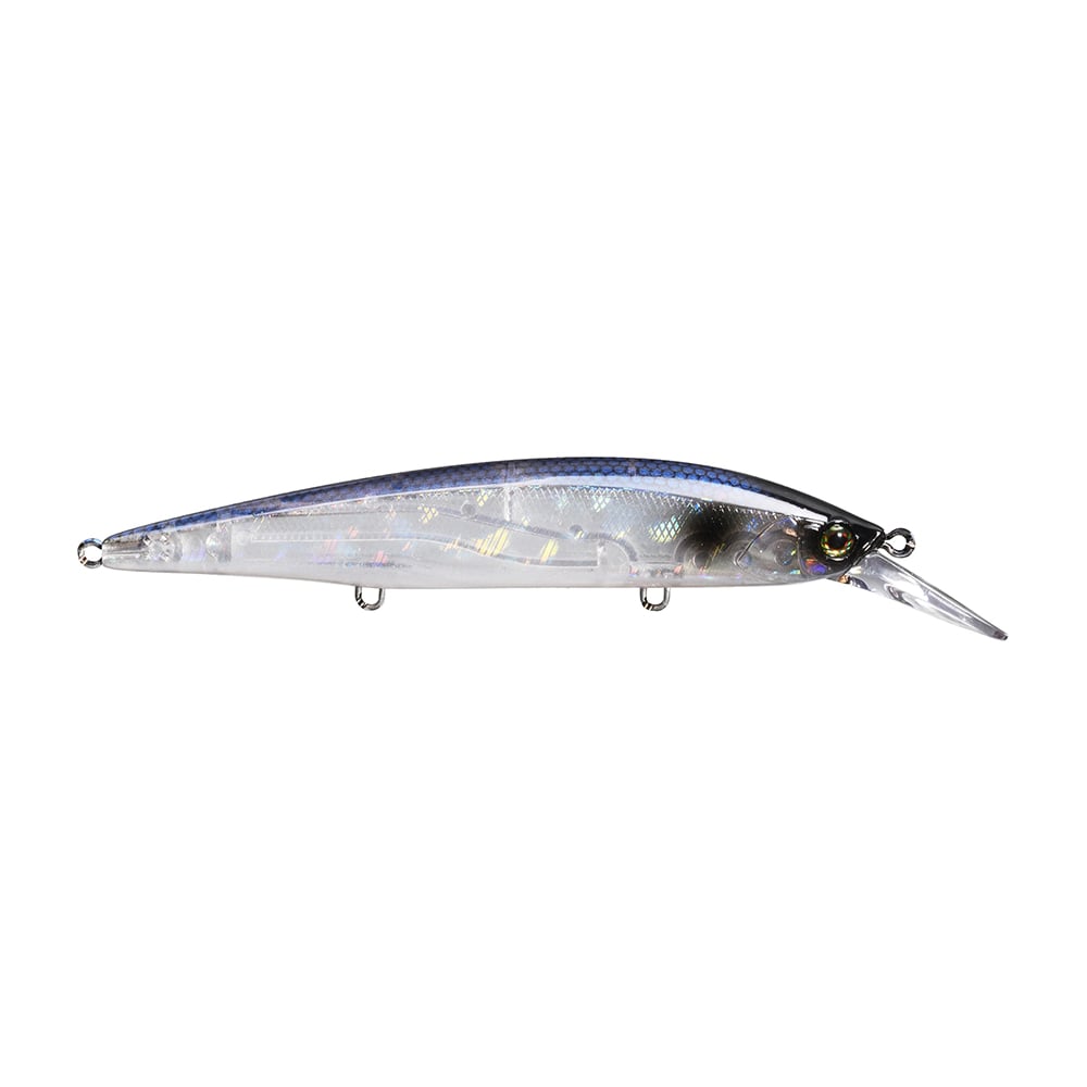 The Jackall Rerange MR Jerkbaits, crafted by Jackall, feature a transparent design with a blue top and iridescent details. It includes two small eyelets and a sharp, clear diving lip at the front for enhanced performance using TG Zero Friction technology.