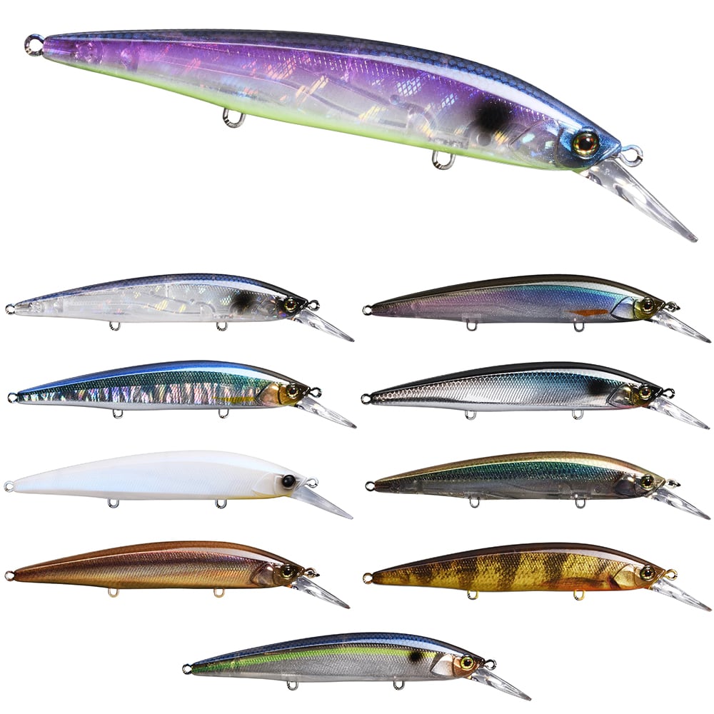 A set of 10 Jackall Rerange MR Jerkbaits, featuring a durable fluororesin coat. Arranged in two rows, they come in purple, blue, silver, white, brown, and green—each with a shiny finish and long slender shape with a small diving lip.