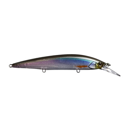 The Jackall Rerange MR Jerkbaits by Jackall is a multicolored lure with a metallic, fluororesin-coated body showcasing gradient hues of blue, purple, and yellow. Its long shape and translucent lip add to its detailed design for an enticing underwater display.