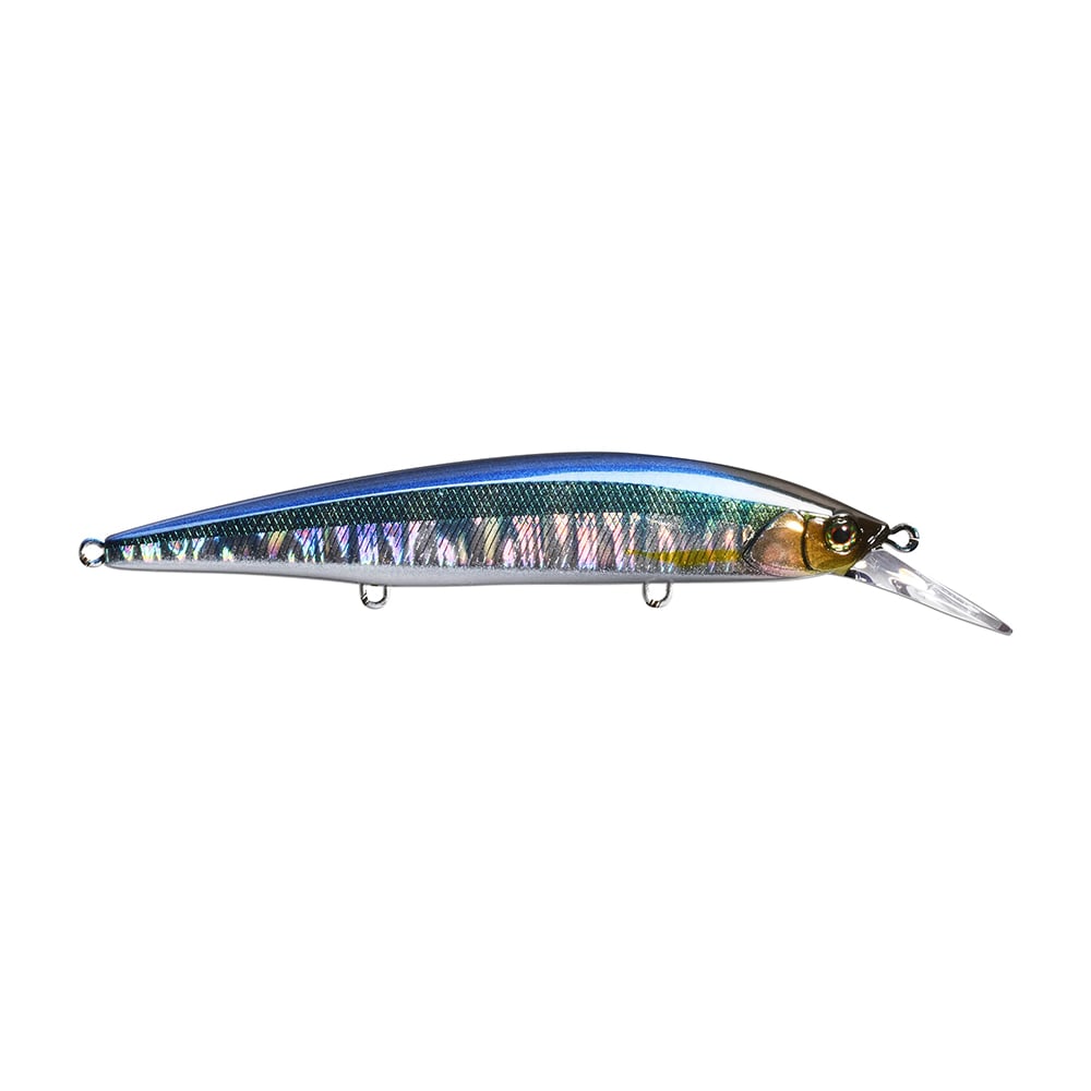 This image features a blue and silver Jackall Rerange MR Jerkbaits, imitating a small fish with an iridescent body and transparent lip. It boasts TG Zero Friction technology and fluororesin-coated hooks, similar to the Jackall series.