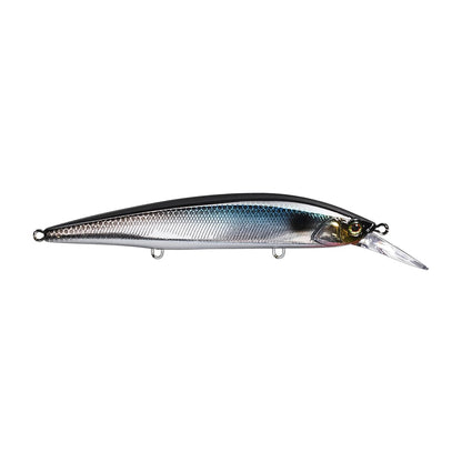 The Jackall Rerange MR Jerkbaits by Jackall boasts a realistic fish-shaped design with a shiny silver body, black top, and translucent diving lip. Its fluororesin coating enhances durability, while the detailed eye and scale pattern attract fish effortlessly.