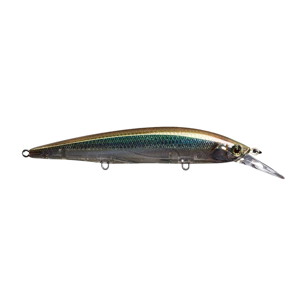 The Jackall Rerange MR Jerkbaits by Jackall is a realistic fishing lure featuring a metallic, reflective surface with fluororesin coating. Its slender body showcases green, gold, and silver hues. A clear angled plastic lip aids in diving, while two securely attached small hooks are underneath.