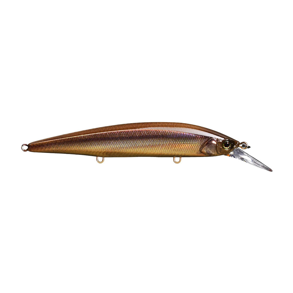 The Jackall Rerange MR Jerkbaits by Jackall mimic small fish with sleek, elongated bodies in shiny bronze and gold hues. They have a clear, flat, pointed lip, hooks on the underside, and a fluororesin coating for enhanced durability.