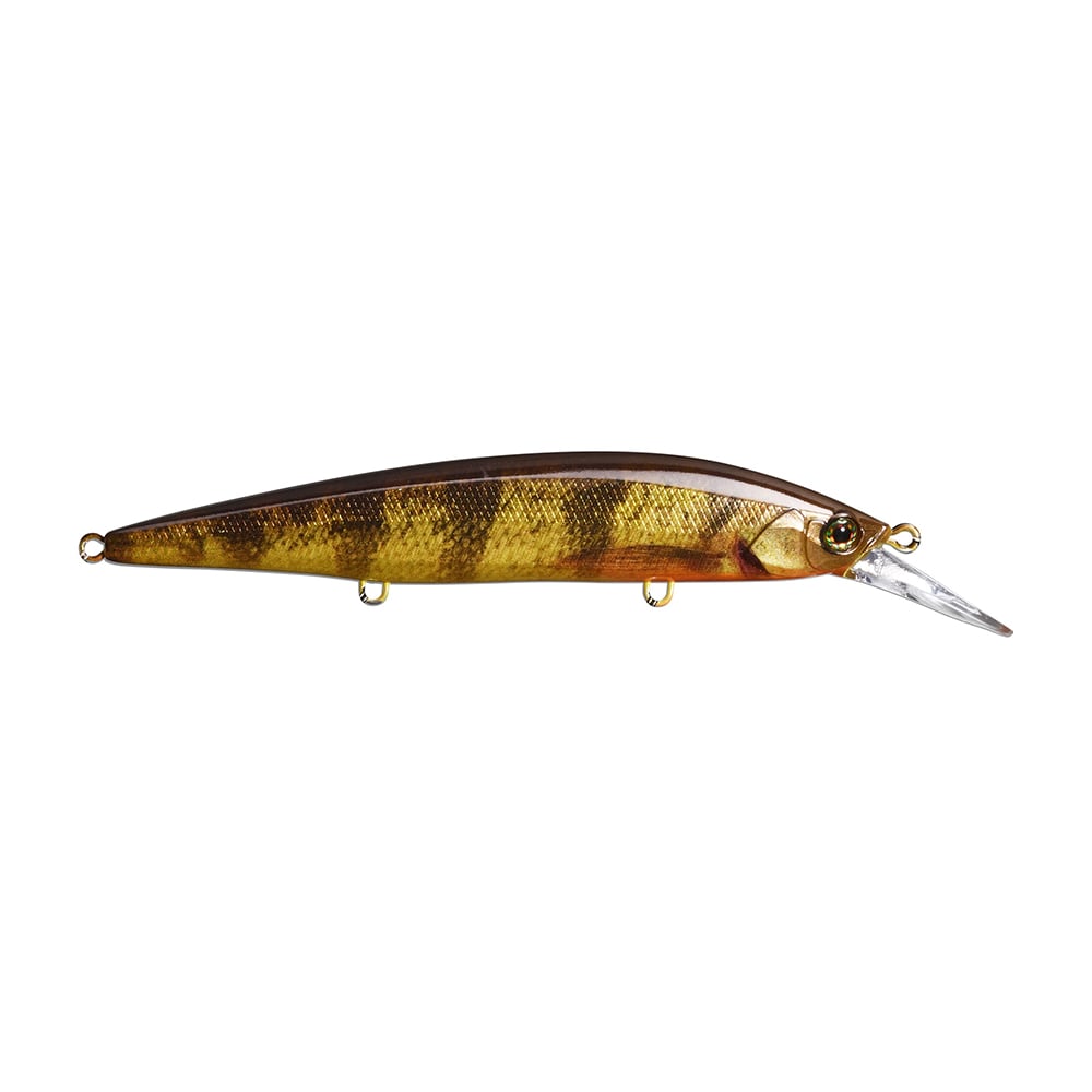 The Jackall Rerange MR Jerkbaits by Jackall is a durable fishing lure, resembling a small fish with its brown and yellow body, silver reflective lip, and detailed scales. Its fluororesin coating enhances durability while the hooks ensure effortless fish catching.