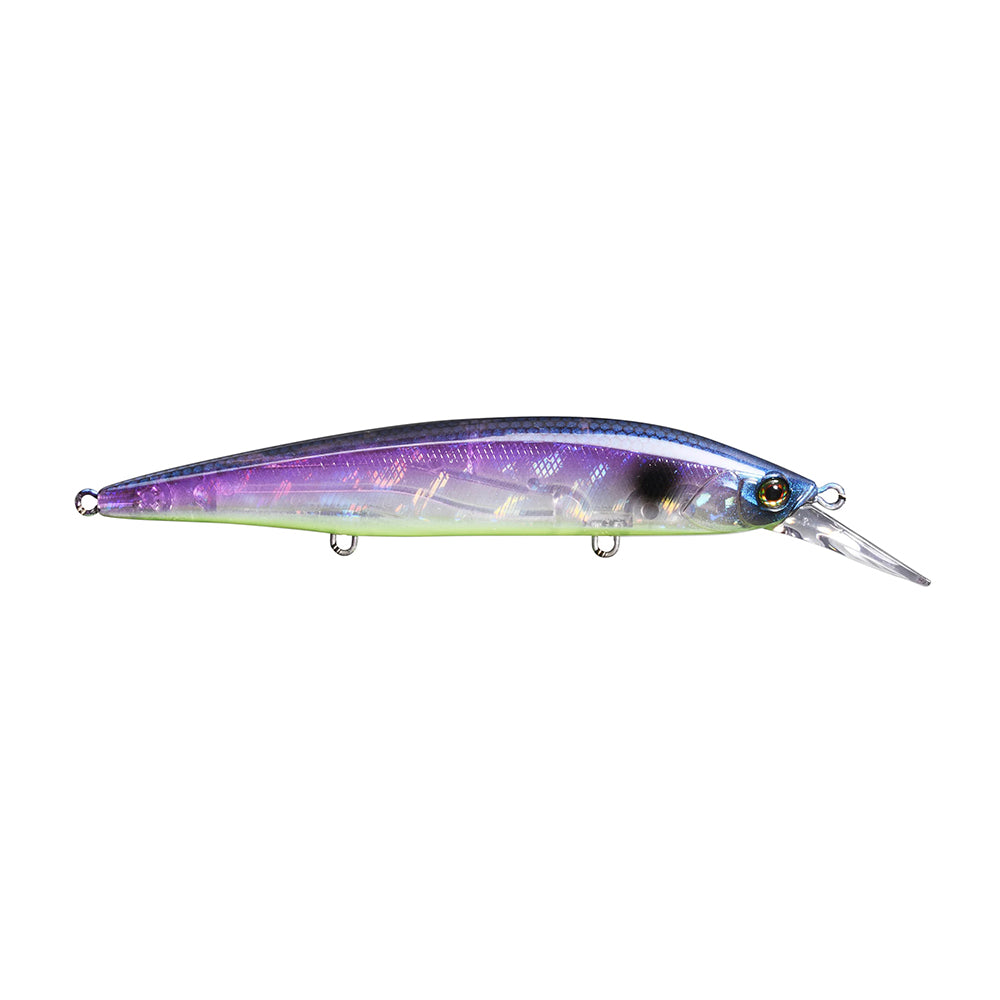 The Jackall Rerange MR Jerkbaits by Jackall boast a purple top, yellow bottom, and a translucent body with realistic fish details. A sharp clear lip, two metal rings, and fluororesin coating enhance both design and durability for optimal catching performance.