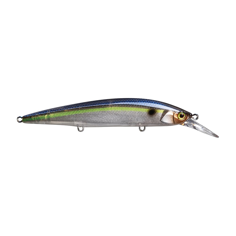 The Jackall Rerange MR Jerkbaits by Jackall is a lifelike lure featuring a metallic body with blue-green iridescent scales, a yellow stripe, and black eye markings. It includes a durable fluororesin coating, clear plastic lip, and metal rings for easy hook attachment.