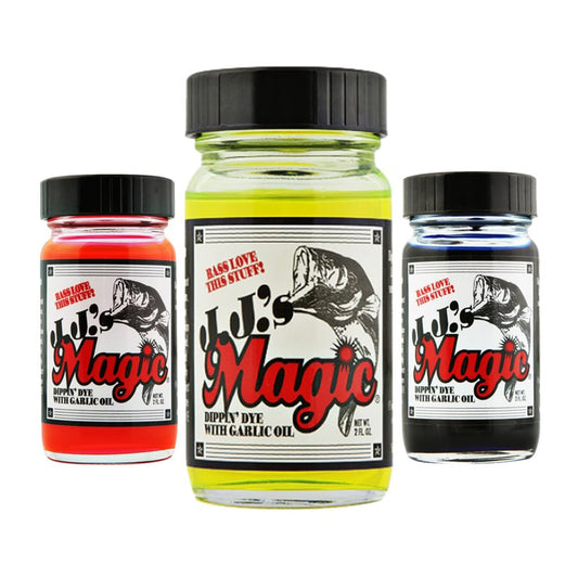 Three jars of JJ's Magic Dippin' Dye with Garlic Oil, in red, yellow, and blue, feature a fish and the slogan "Bass love this stuff!" against a white backdrop, ideal for enhancing soft plastic baits.