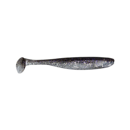 The Keitech Easy Shiner Swimbaits, crafted by Keitech, is a silver and black plastic fishing lure adorned with glitter. It showcases a streamlined, tapered design with a round paddle tail, making it ideal for enticing predator fish.