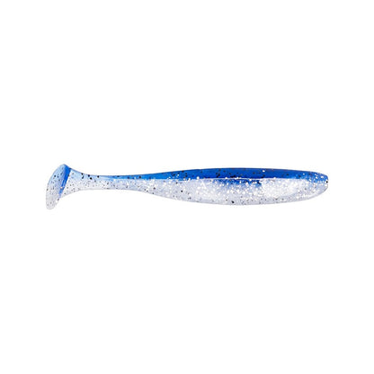 The Keitech Easy Shiner Swimbaits by Keitech are designed to look like a small fish, featuring a blue and white color scheme with speckled glitter details and a paddle tail, making them ideal for attracting predator fish. The lure is shown against a white background.