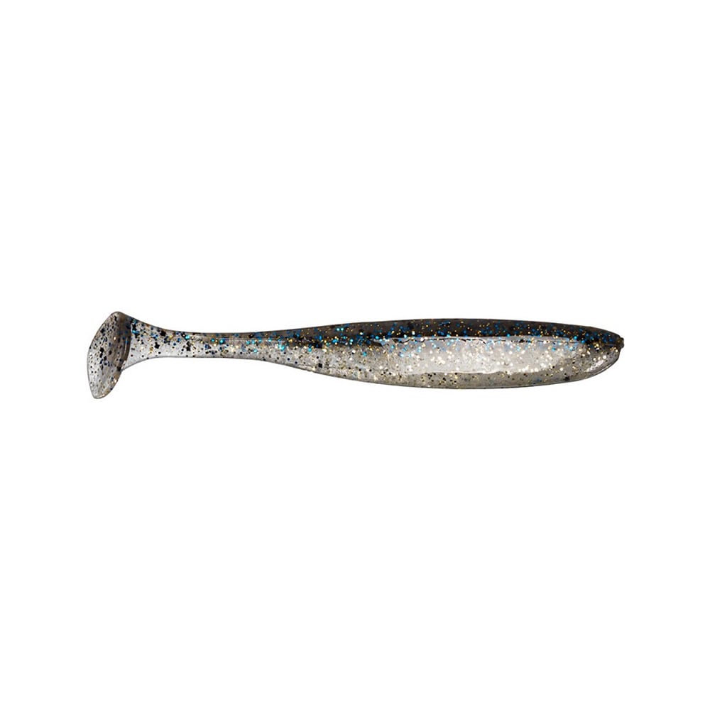 A close-up of the Keitech Easy Shiner Swimbaits by Keitech showcases its shiny, speckled body that transitions from silver to black. This lure features a paddle tail designed to replicate the natural swimming action and movement of fish in water.