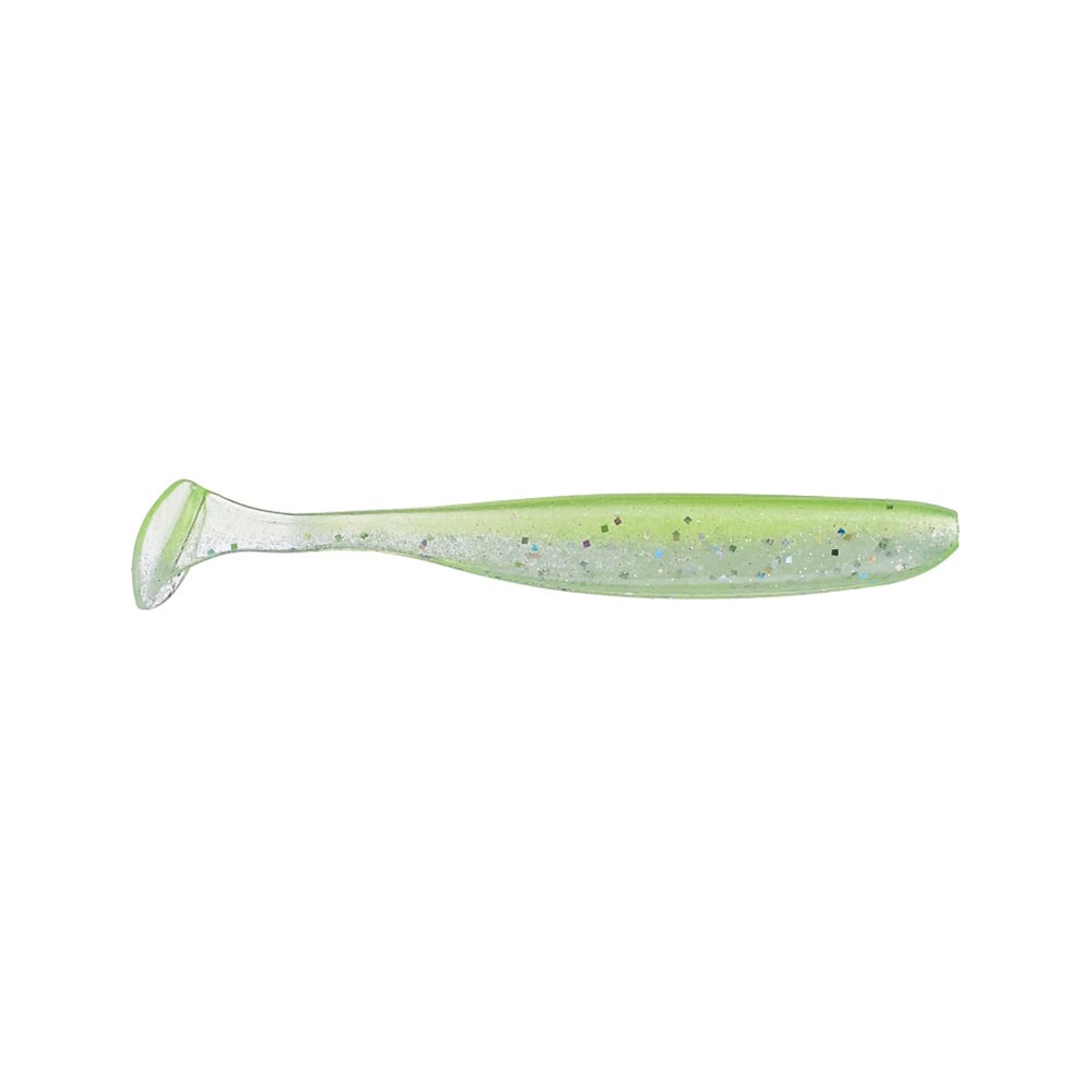 The Keitech Easy Shiner Swimbaits, by Keitech, showcases a green, glittery soft plastic design with a paddle tail engineered to mimic a natural swimming action and expertly crafted to attract fish.