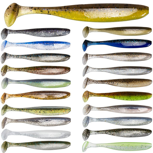 An assortment of Keitech Easy Shiner Swimbaits, featuring a range of soft plastic fishing lures in diverse colors, is displayed in rows. These Keitech swimbaits, characterized by their elongated bodies and rounded tails, provide a lifelike swimming action and come in vibrant shades such as yellow, green, blue, and gray.