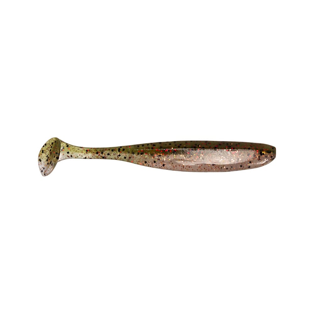 The Keitech Easy Shiner Swimbaits, crafted by the brand Keitech, are designed to emulate the natural swimming motion of a small fish. Their greenish-brown color, accented with black and red speckles and featuring the distinctive Keitech paddle tail, perfectly replicates the realistic movement of a swimming baitfish.