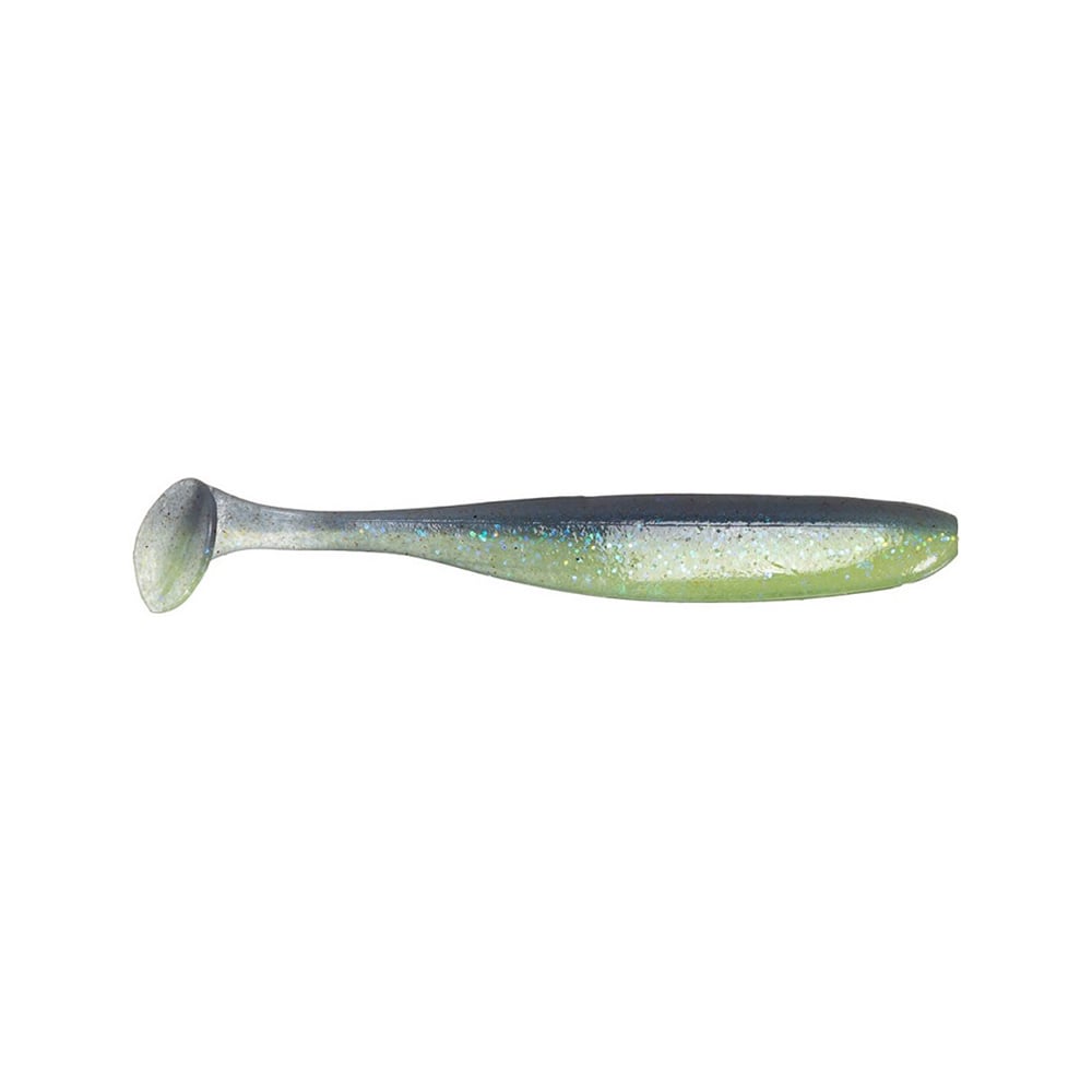 The Keitech Easy Shiner Swimbaits, crafted by Keitech, feature a soft plastic design with a paddle tail and exhibit a gradient color scheme of silver and green adorned with glittery accents. These lures are engineered to attract fish with their natural swimming action, increasing effectiveness in drawing catches.