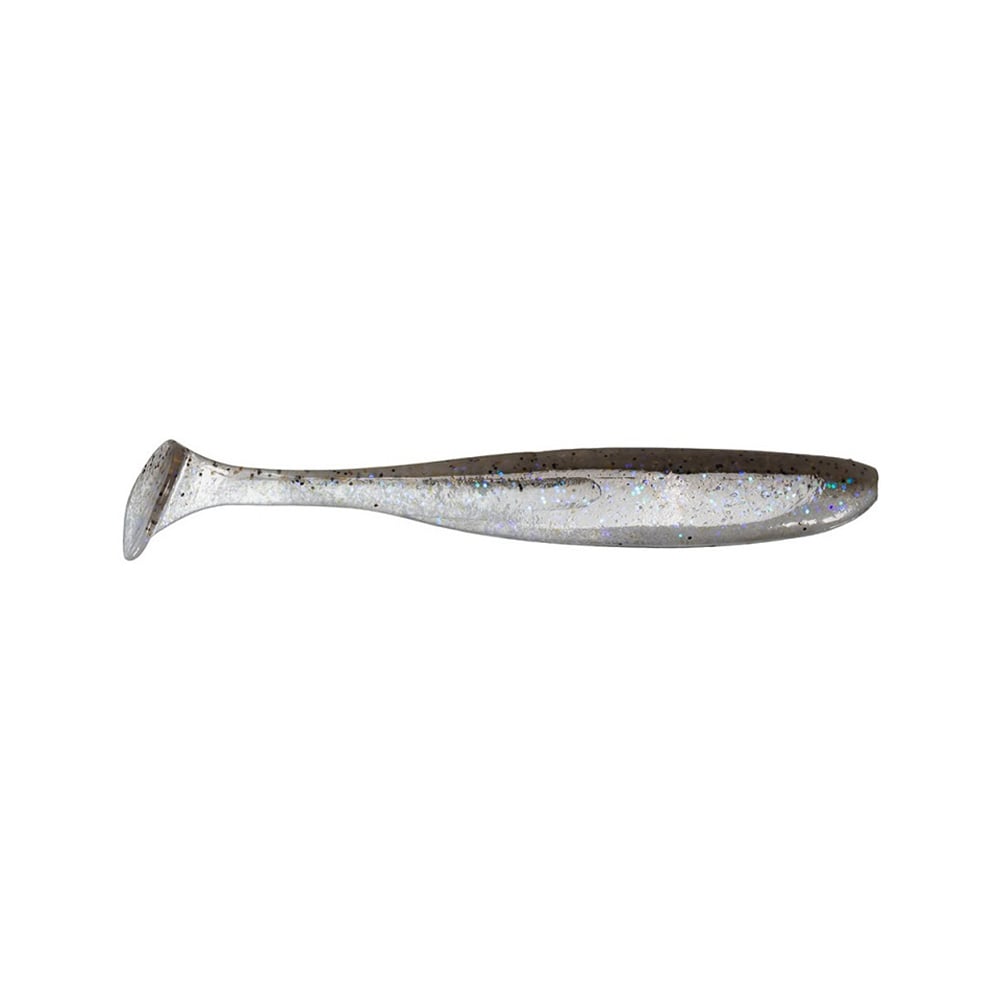 A Keitech Easy Shiner Swimbait, crafted by Keitech, is a soft plastic fishing lure in a silver glittery finish designed as a small fish with a paddle tail that mimics natural swimming action to effectively attract fish.