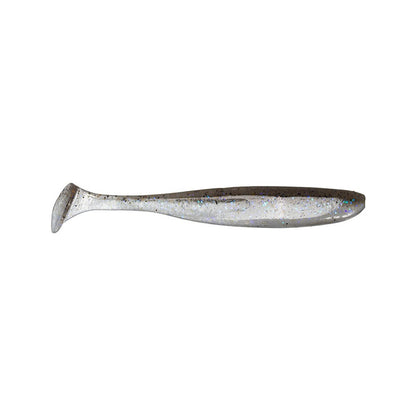 A Keitech Easy Shiner Swimbait, a silver, soft plastic fishing lure with a paddle tail and speckled glitter design, crafted to resemble small baitfish and attract predator fish, displayed on a plain white background.