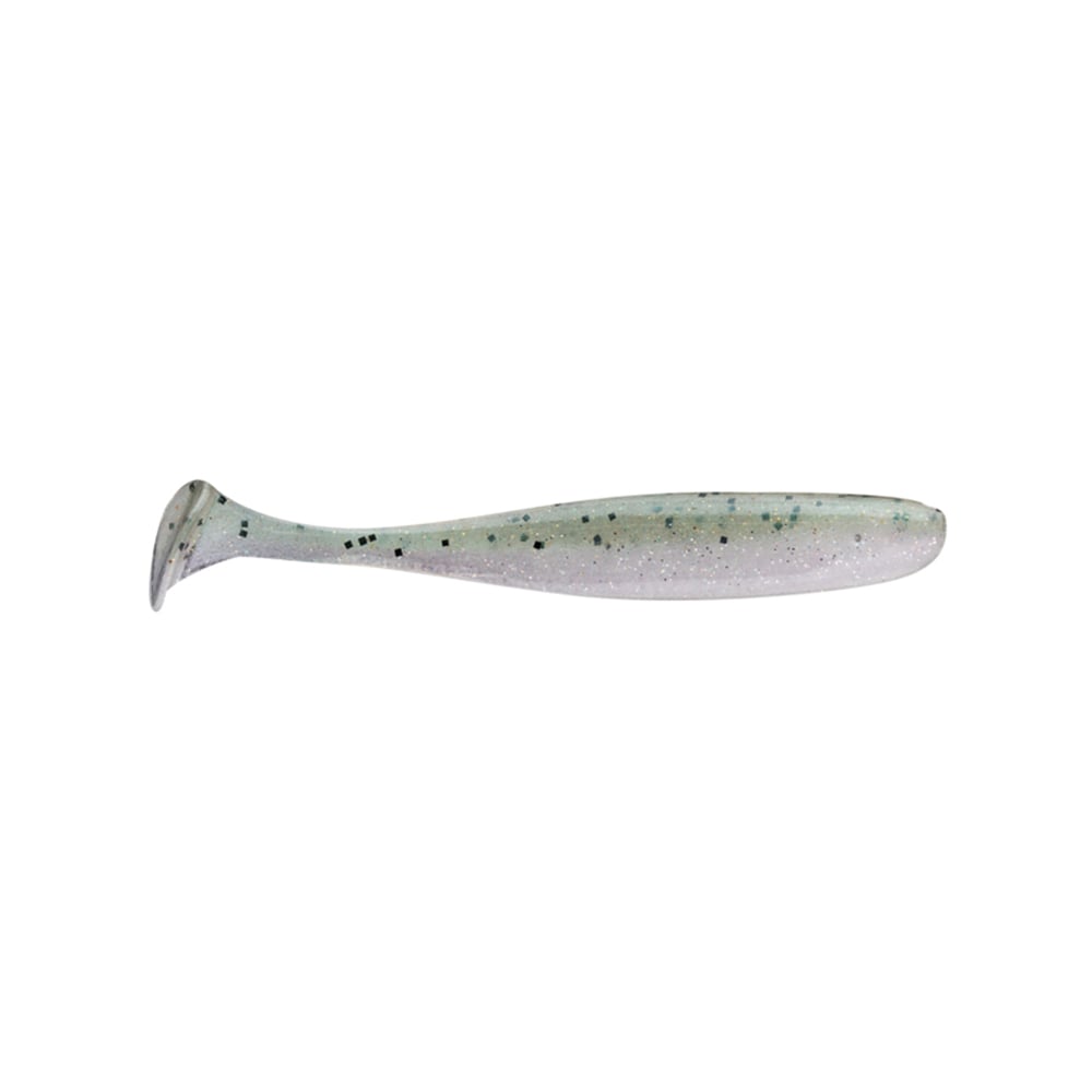 A close-up of the Keitech Easy Shiner Swimbaits reveals a translucent soft plastic lure with a paddle tail, featuring a light green color accented by black speckles. Designed to mimic a small fish and attract predator fish, it prominently contrasts against a plain white background, showcasing the swimbait's enticing appeal.