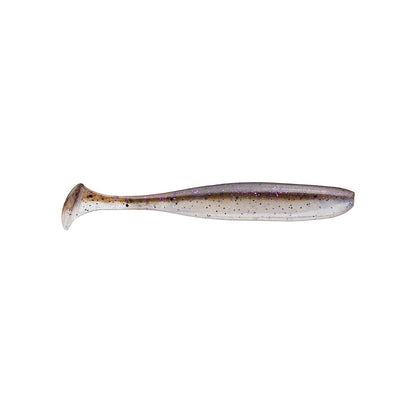 The Keitech Easy Shiner Swimbaits, crafted by Keitech, are soft plastic fishing lures with a paddle tail. They have a translucent body adorned with black and purple flakes, delivering a lifelike swimming action that effortlessly attracts fish.