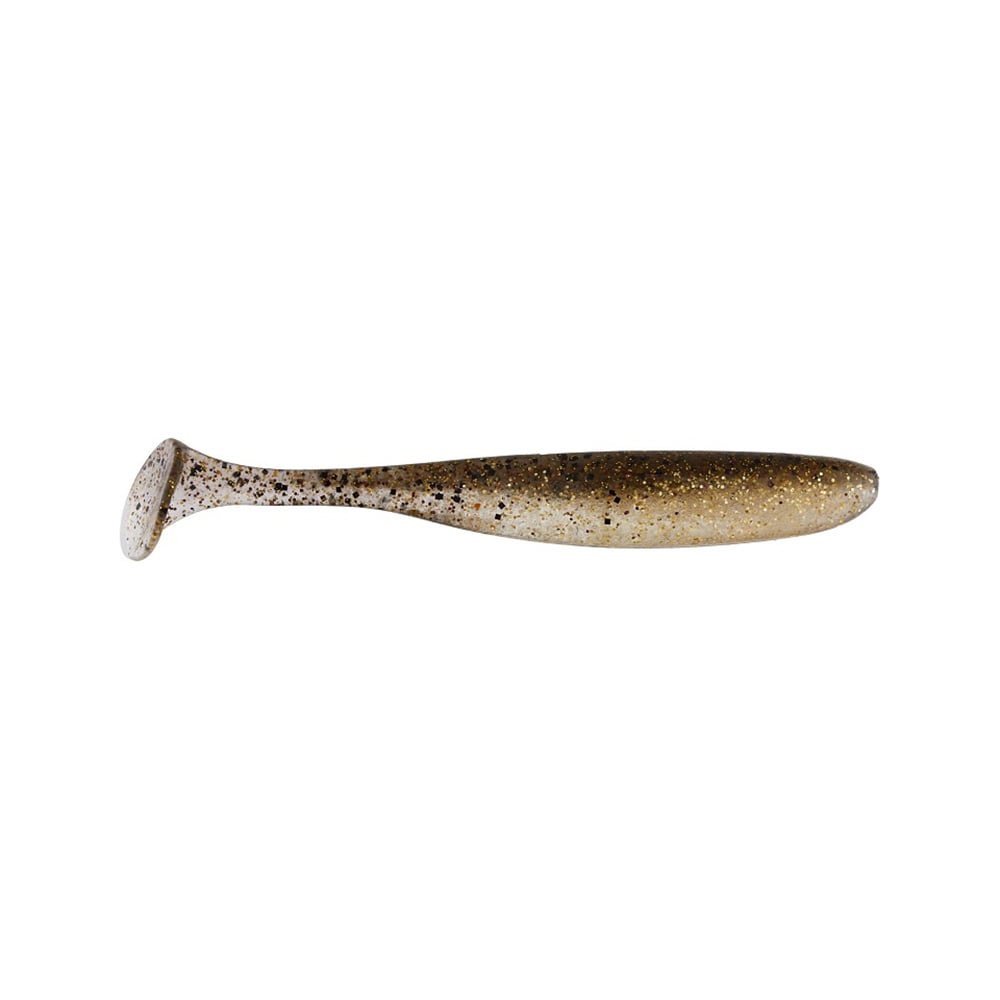 The Keitech Easy Shiner Swimbaits by Keitech are soft plastic lures featuring a paddle tail, with a gradient design transitioning from white to brown, accented by black speckles, making them ideal for attracting predator fish.