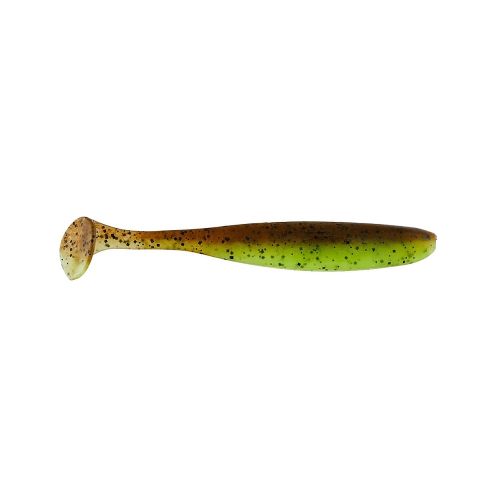 The Keitech Easy Shiner Swimbaits, crafted by Keitech, features a two-toned design with a green and brown body adorned with black speckles. Its small fish shape and paddle tail create a natural swimming motion, making it perfect for attracting fish with ease.