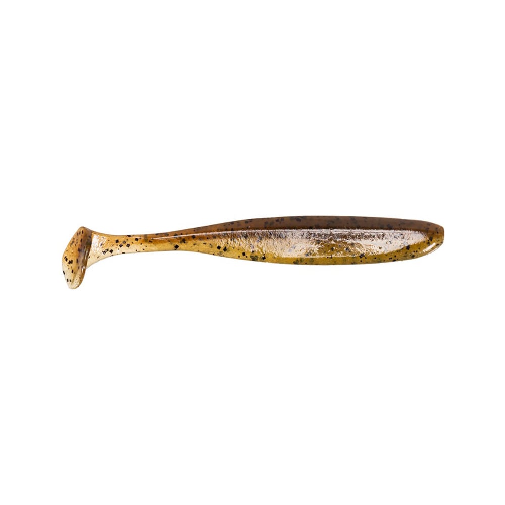 The Keitech Easy Shiner Swimbaits, crafted by the brand Keitech, are designed like small fish with a paddle tail. Their brown hue with black speckles and translucent appearance make them highly attractive to predator fish.