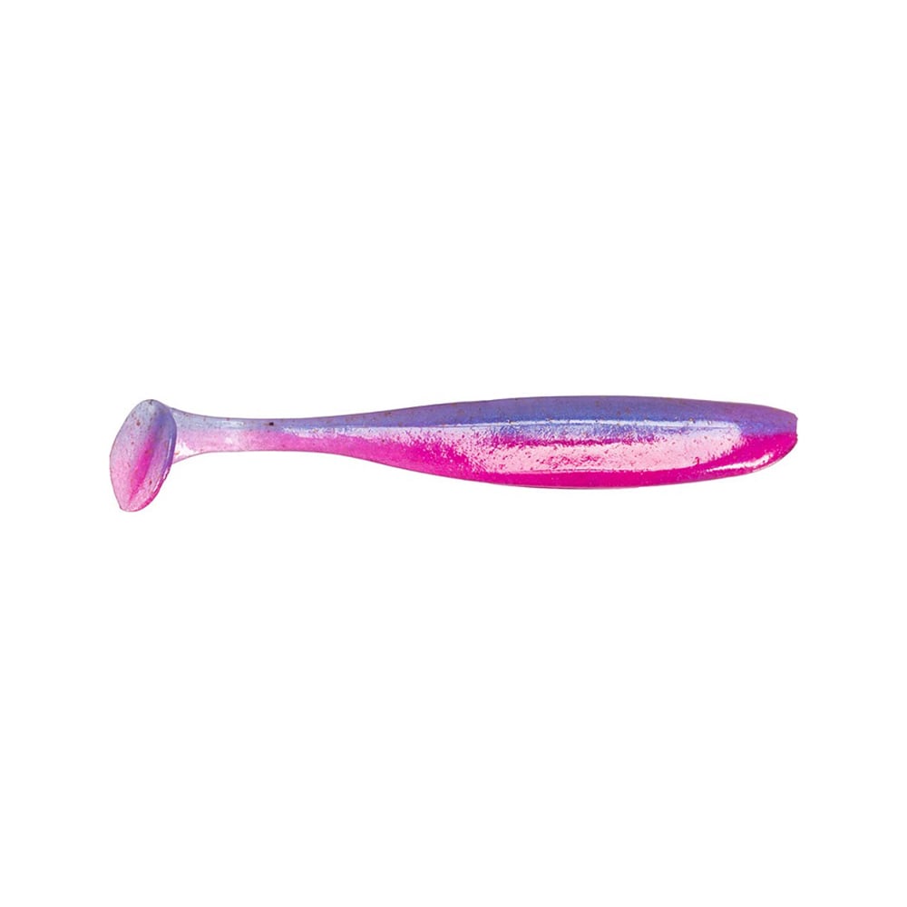 A vibrant Keitech Easy Shiner Swimbait with a paddle tail, blending pink and purple hues. This lure features a shiny, reflective finish on a white background, perfect for attracting predator fish.