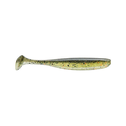 The Keitech Easy Shiner Swimbaits, from the brand Keitech, are designed in green and silver soft plastic with a paddle tail, highlighting the distinctive swimming motion the brand is known for. Speckled with black and orange dots against a plain white background, these swimbaits have a lifelike appearance.