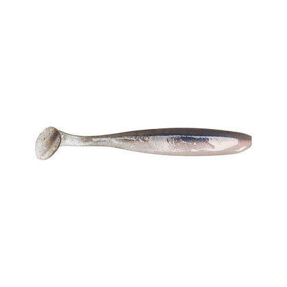 A close-up of a shiny metallic fishing lure in the shape of a fish with a spoon-like tail, similar to the Keitech Easy Shiner Swimbaits. Its smooth surface and reflective finish are crafted for realistic swimming action to lure fish. The lure is set against a white background.